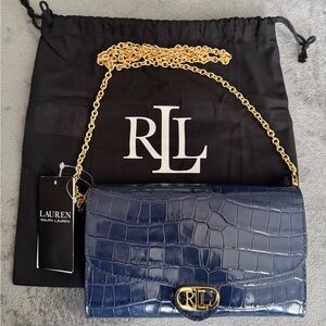 Lauren Ralph Lauren Blue Croc-Embossed Crossbody with Gold Chain